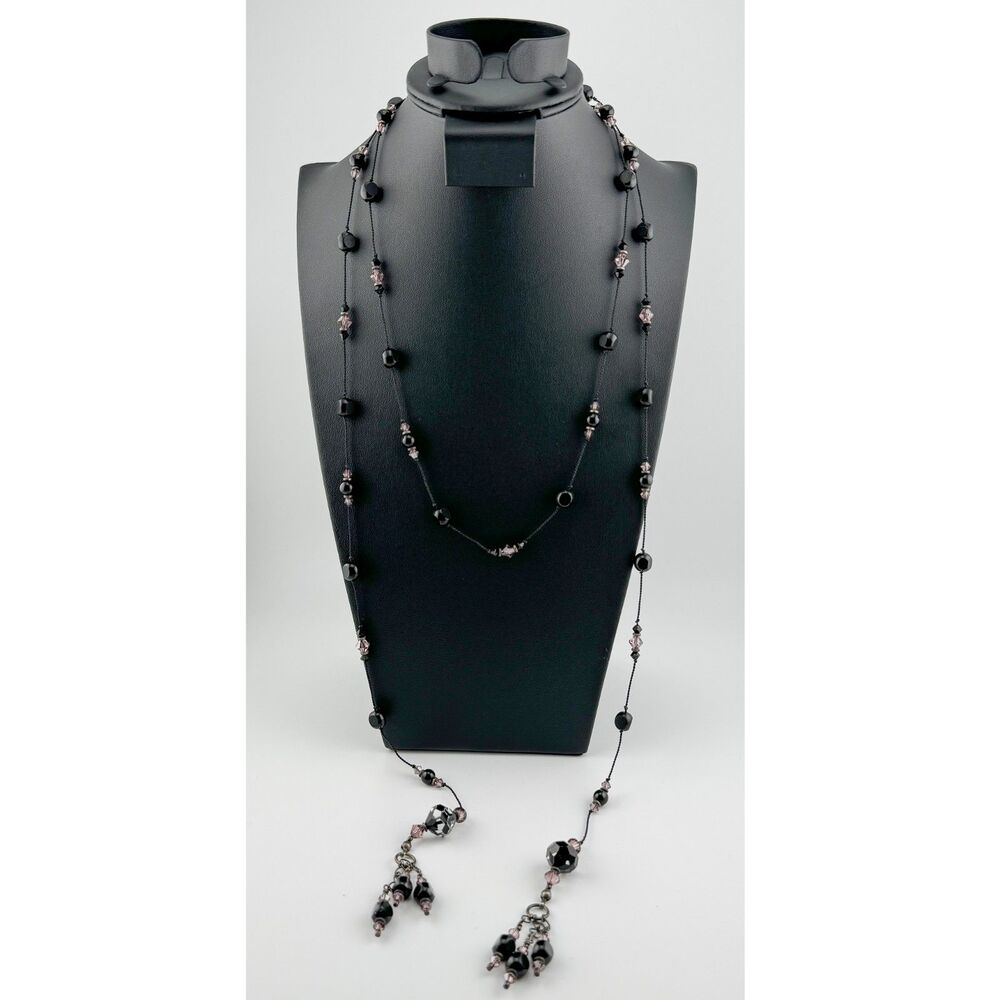 Vintage Lariat Necklace Black Pink Beads Glam Sparkle Boho Goth Luxury Versatile